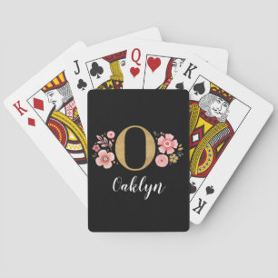 Elegant Black Gold Floral Monogram Initial Poker Cards
