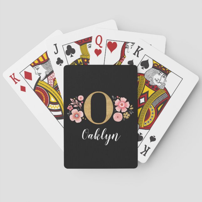 Elegant Black Gold Floral Monogram Initial  Poker Cards (Back)
