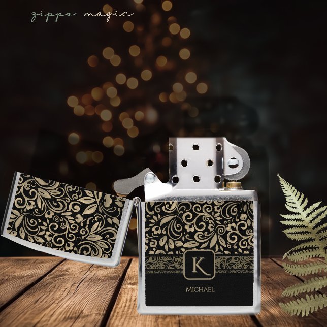 Elegant Black& gold Floral Monogram Zippo Lighter (Elegant Black& Silver Floral Monogram Zippo Lighter)