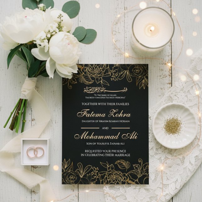 Elegant Black Gold Floral Muslim Wedding Nikah Invitation (Creator Uploaded)