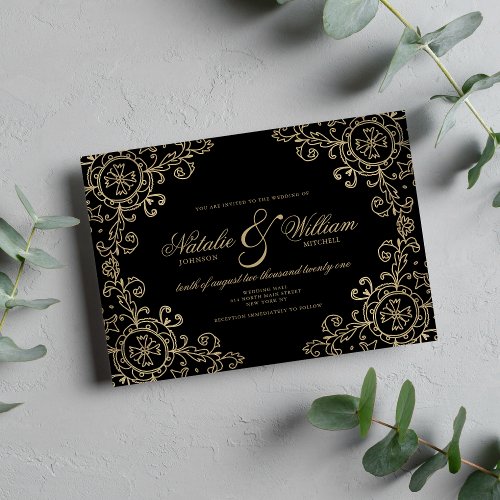 Elegant black gold floral ornament classic wedding invitation