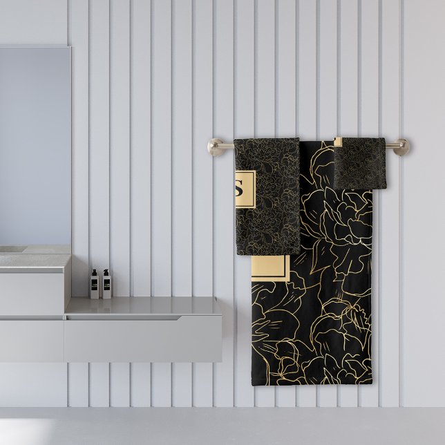 Elegant Black Gold Floral Pattern Bath Towel Set (Creator Uploaded)