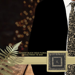 Elegant Black Gold Floral Pattern Monogram Finish Tie Bar
