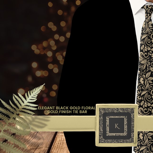 Elegant Black Gold Floral Pattern Monogram Finish Tie Bar (Elegant Black Gold Floral Pattern Monogram Gold Finish Tie Bar)