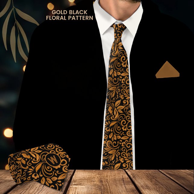 Elegant Black Gold Floral Pattern Monogram Neck Tie (Elegant Black Gold Floral Pattern Monogram Neck Tie)