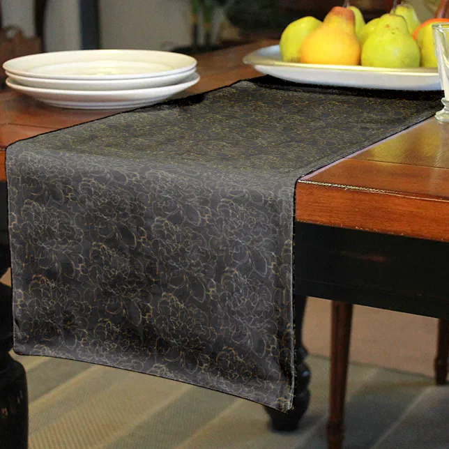 Elegant Black Gold Floral Pattern Short Table Runner | Zazzle