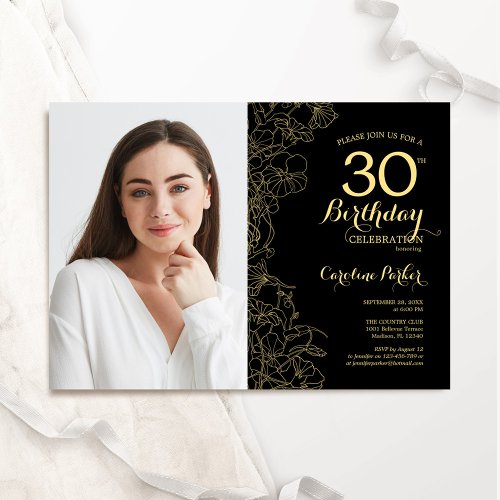Elegant Black Gold Floral Photo 30th Birthday Invitation