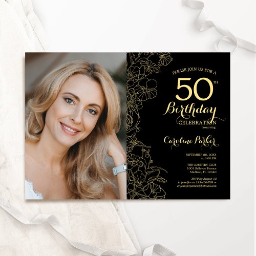 Elegant Black Gold Floral Photo 50th Birthday Invitation