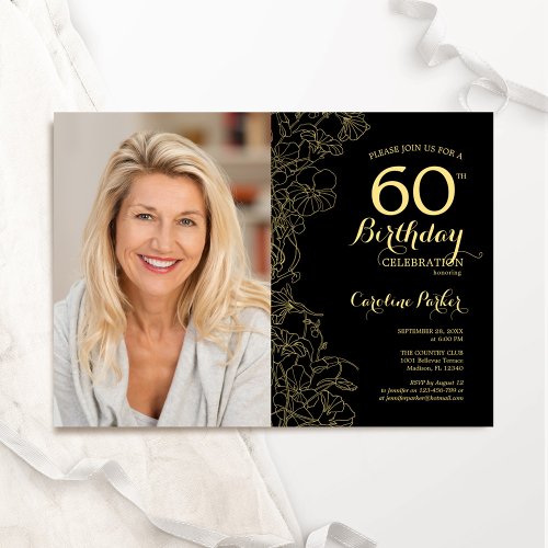 Elegant Black Gold Floral Photo 60th Birthday Invitation