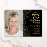 Elegant Black Gold Floral Photo 70th Birthday Invitation<br><div class="desc">Black gold floral 70th birthday party invitation with your photo on the front of the card. Minimalist modern design featuring botanical outline drawings accents, faux gold foil and typography script font. Simple trendy invite card perfect for a stylish female bday celebration. Can be customized to any age. Printed Zazzle invitations...</div>