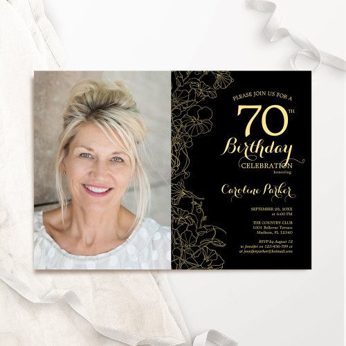 Elegant Black Gold Floral Photo 70th Birthday Invitation