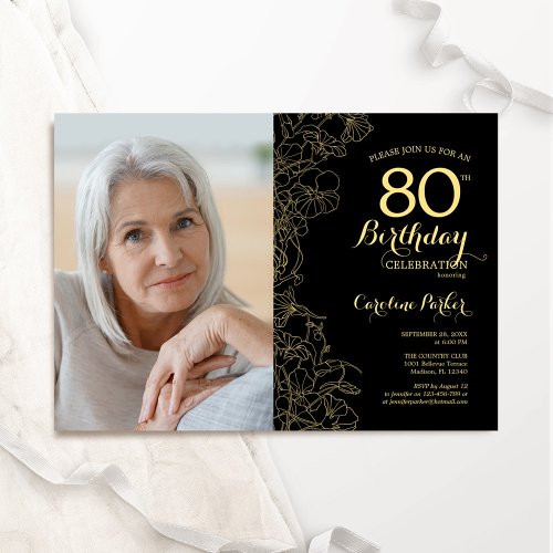 Elegant Black Gold Floral Photo 80th Birthday Invitation
