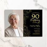 Elegant Black Gold Floral Photo 90th Birthday Invitation<br><div class="desc">Black gold floral 90th birthday party invitation with your photo on the front of the card. Minimalist modern design featuring botanical outline drawings accents, faux gold foil and typography script font. Simple trendy invite card perfect for a stylish female bday celebration. Can be customized to any age. Printed Zazzle invitations...</div>