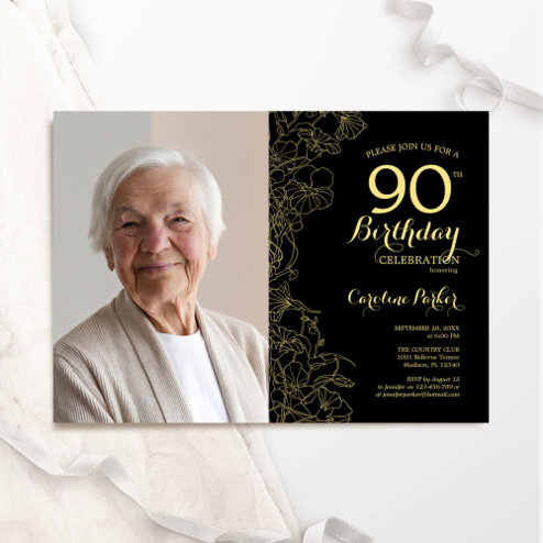 Elegant Black Gold Floral One Photo Invitation