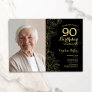 Elegant Black Gold Floral Photo 90th Birthday Invitation