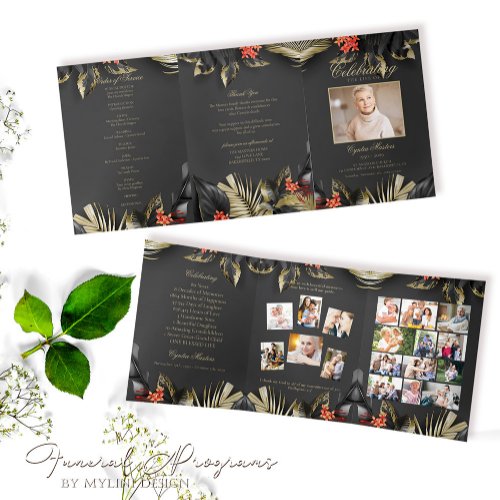 Elegant Black Gold Floral Photo Funeral Program