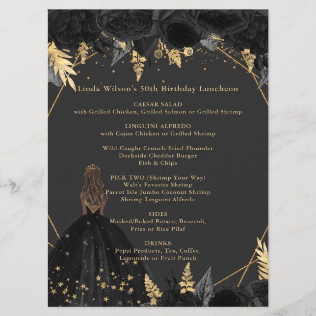 Elegant Black Gold Floral Princess Menu (Front)