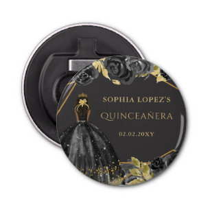 Elegant Black Gold Floral Princess Quinceanera Bottle Opener