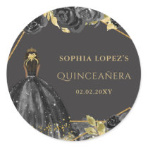 Elegant Black Gold Floral Princess Quinceanera  Classic Round Sticker
