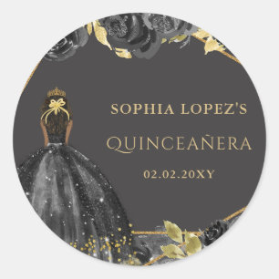 Elegant Black Gold Floral Princess Quinceanera  Classic Round Sticker