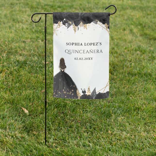 Elegant Black Gold Floral Princess Quinceanera    Garden Flag (In SItu)