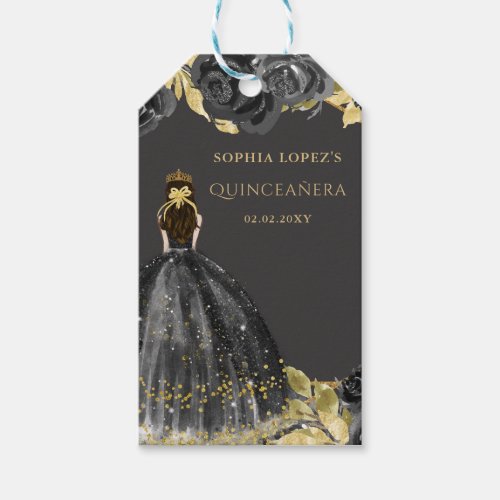 Elegant Black Gold Floral Princess Quinceanera  Gift Tags