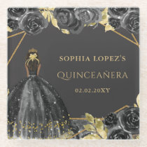 Elegant Black Gold Floral Princess Quinceanera  Glass Coaster