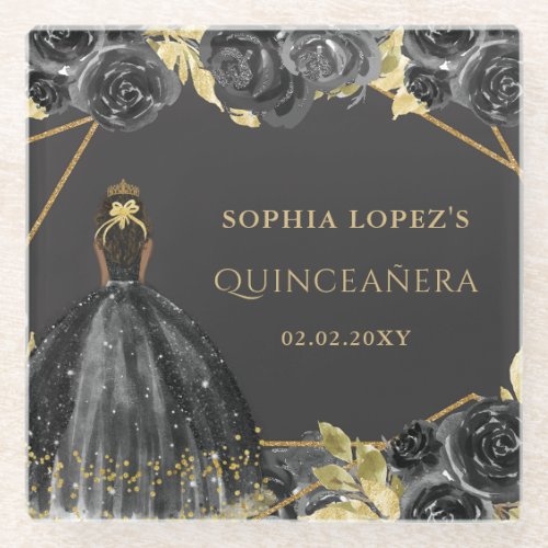 Elegant Black Gold Floral Princess Quinceanera  Glass Coaster