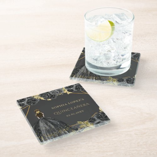 Elegant Black Gold Floral Princess Quinceanera  Glass Coaster