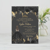 Elegant Black Gold Floral Princess Quinceañera  In Invitation (Standing Front)