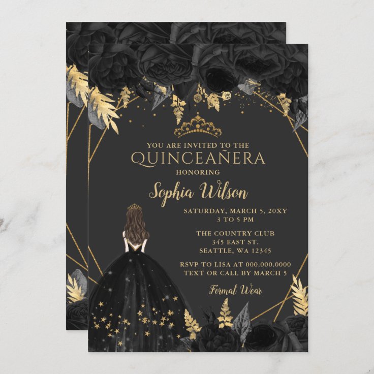 Elegant Black Gold Floral Princess Quinceañera In Invitation | Zazzle