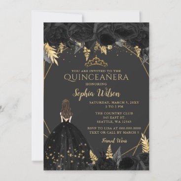 Elegant Black Gold Floral Princess Quinceañera  In Invitation