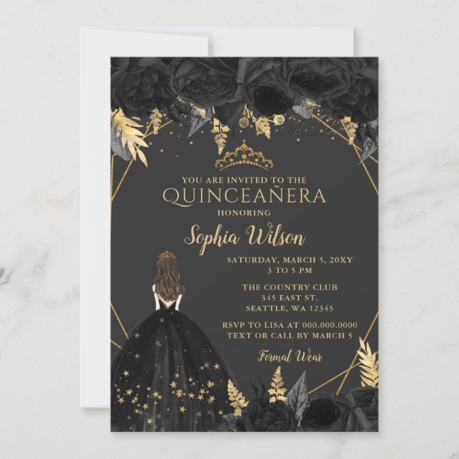Elegant Black Gold Floral Princess Quinceañera  In Invitation (Front)