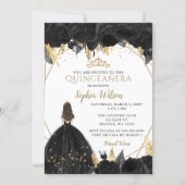 Elegant Black Gold Floral Princess Quinceañera Inv Invitation (Front)
