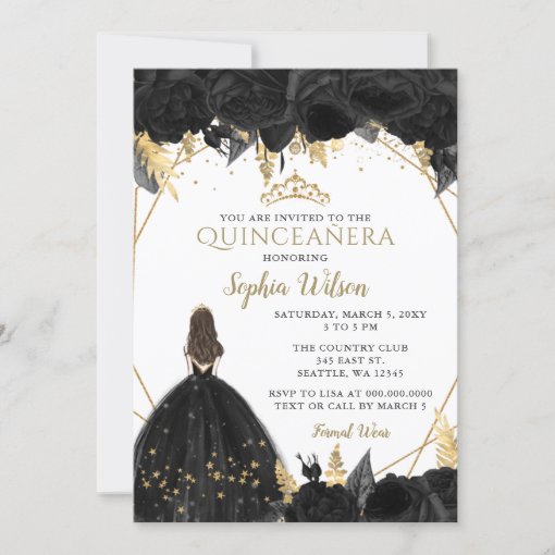 Elegant Black Gold Floral Princess Quinceañera Inv Invitation | Zazzle