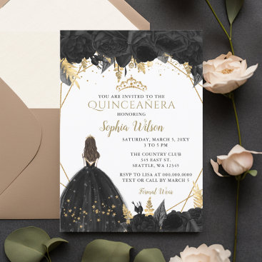 Elegant Black Gold Floral Princess Quinceañera Inv Invitation