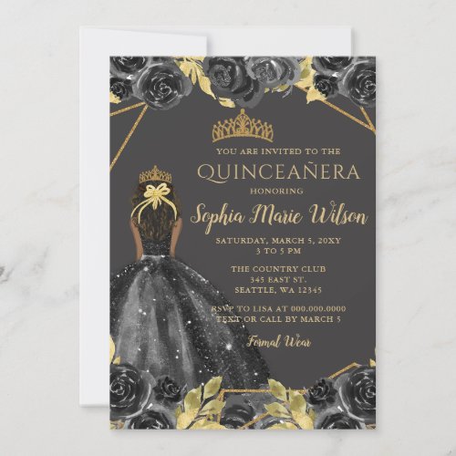 Elegant Black Gold Floral Princess Quinceaera Invitation