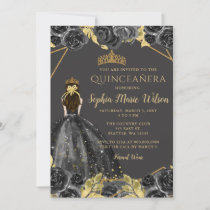 Elegant Black Gold Floral Princess Quinceañera Invitation