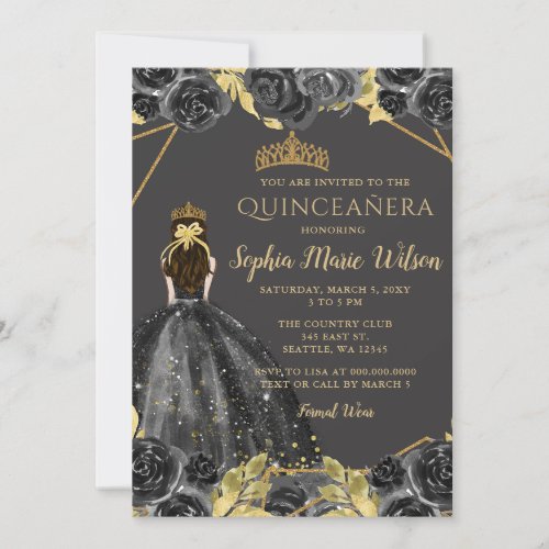 Elegant Black Gold Floral Princess Quinceaera Invitation