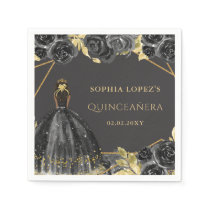 Elegant Black Gold Floral Princess Quinceanera  Napkins