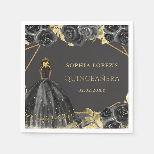 Elegant Black Gold Floral Princess Quinceanera  Napkins