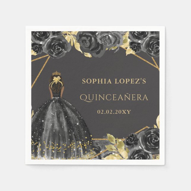 Elegant Black Gold Floral Princess Quinceanera  Napkins (Front)