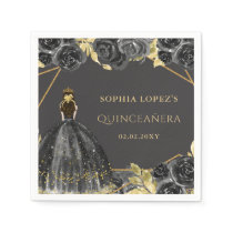 Elegant Black Gold Floral Princess Quinceanera  Napkins