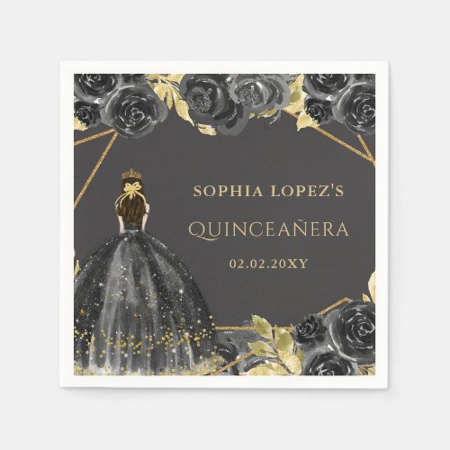 Elegant Black Gold Floral Princess Quinceanera  Napkins