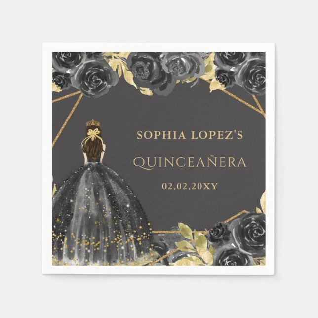 Elegant Black Gold Floral Princess Quinceanera  Napkins (Front)