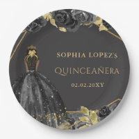 Elegant Black Gold Floral Princess Quinceanera 