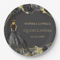 Elegant Black Gold Floral Princess Quinceanera  Paper Plates