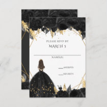 Elegant Black Gold Floral Princess Quinceanera RSVP Card