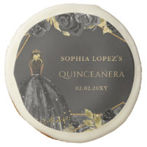 Elegant Black Gold Floral Princess Quinceanera  Sugar Cookie