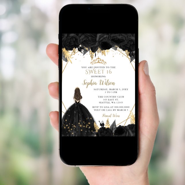 Elegant Black Gold Floral Princess SWEET 16  Invitation (Front Digital)